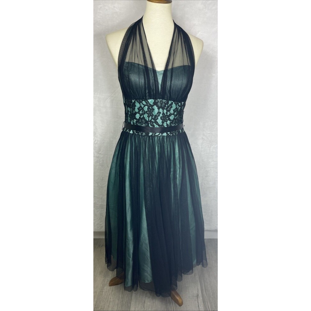 Vintage Cache Dress Formal Halter Lace Netting Black Green Size 8